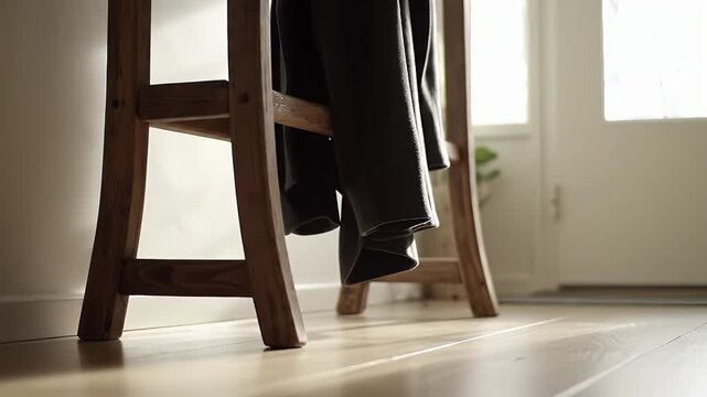 Brown Wooden Step Stool with Dark Jacket in Bright Sunlight near White Door