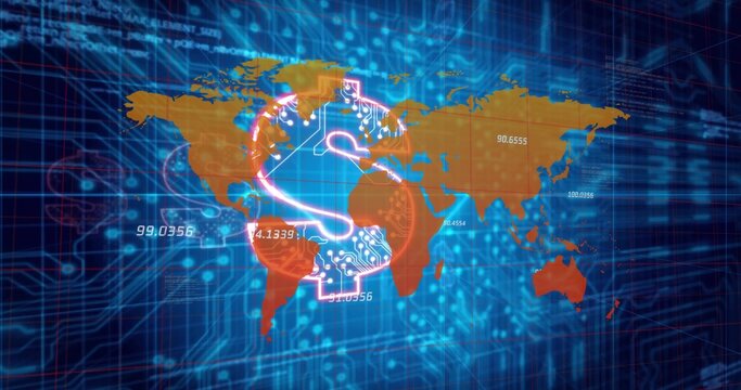 Displaying dollar sign over golden world map, with numeric overlays, circuit traces in digital art - Powered by Adobe