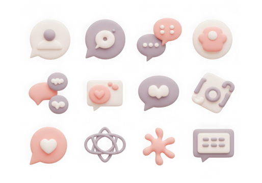 Collection of cute pastel social media icons and symbols, isolated on transparent background