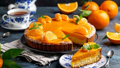 A delicious orange tart, adorned with fresh tangerine slices and a vibrant orange glaze, sits on a dark surface, inviting a sweet treat.