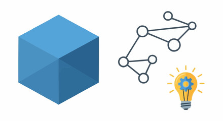 Isometric cube with network graph and lightbulb idea concept for innovation and creative solutions design vector
