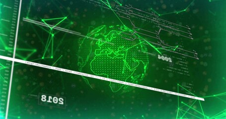 Displaying holographic globe of Earth rotating in digital data interface, with network nodes, code