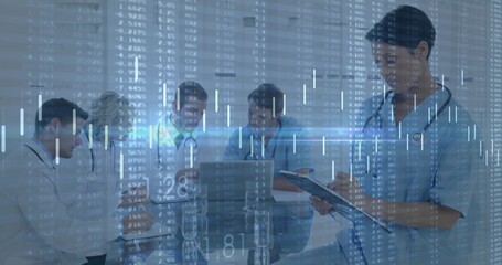 Medical team in scrubs, coats analyzing data overlay on glass table in meeting room, with laptops