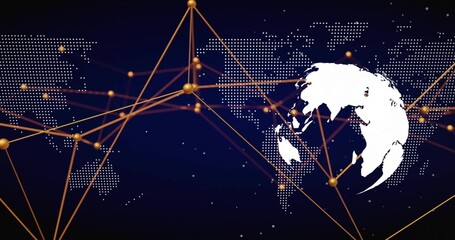 Displaying white Earth silhouette linking golden nodes and lines across dot-matrix map, copy space