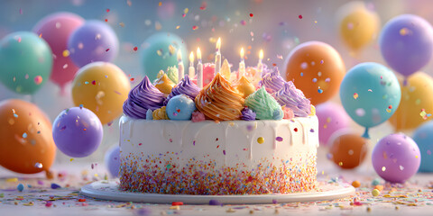 Happy birthday cake with candles, balloons and confeti background. Generative I