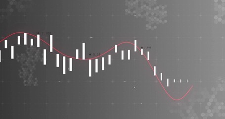 Displaying data visualization on dark dashboard, featuring white vertical bars red trend line