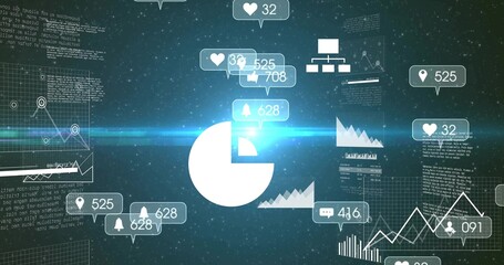 Emitting lens flare, white pie chart icon glowing on dashboard with notification bubbles and panels