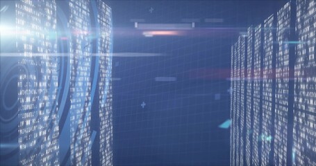 Virtual corridor featuring streaming code columns, circular data overlays, neon grid lines, flares