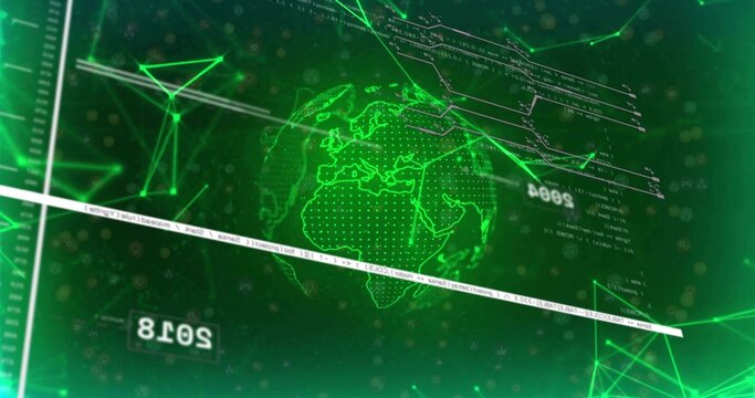 Naklejki Displaying holographic globe of Earth rotating in digital data interface, with network nodes, code