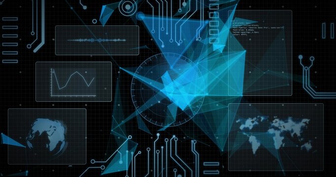 Holographic network rotating in command display, with translucent data panels and circuit traces - Powered by Adobe