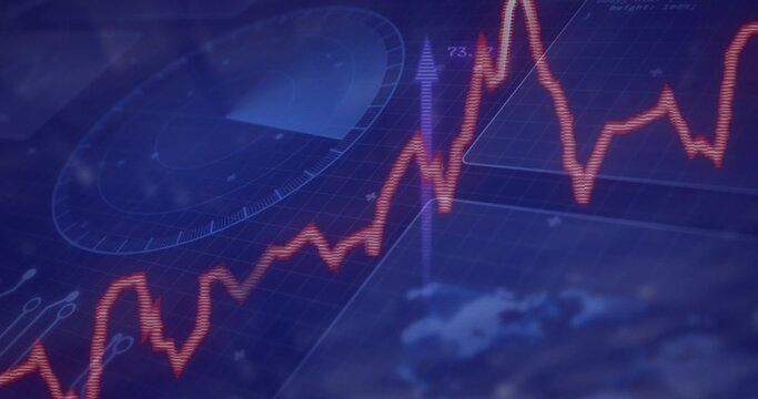 Tracking red line graph on blue grid dashboard with radar, arrow indicator, map overlay and labels