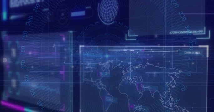 Displaying world map panel at network operations interface, with gridlines and glowing data streams - Powered by Adobe