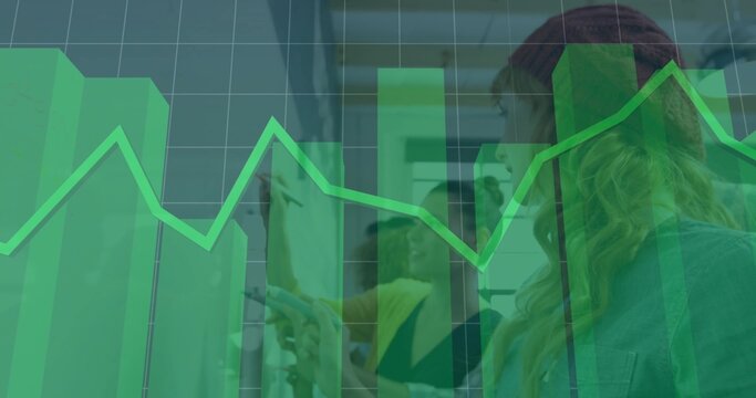 Collaborating professionals analyzing data at office, with whiteboard sticky notes graph overlay
