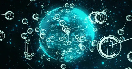Displaying dotted globe rotating in cyberspace, with connected human icons and glowing nodes