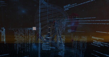 Rotating 3D wireframe DNA helix hovering above grid in virtual lab, with floating code snippets