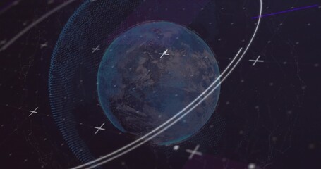 Floating digital Earth sphere orbiting virtual space, with mesh overlay and glowing data points