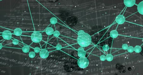 Floating abstract network hovering over dark canvas, with teal spheres, thin lines and code text