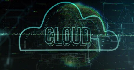 Neon cloud icon showing CLOUD hovering over grid with numeric data streams and wireframe patterns
