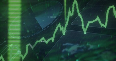 Showing green jagged line graph fluctuating across grid on virtual dashboard with radar element