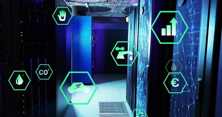 Showing server racks lining data center corridor under cable trays, with green metric icons