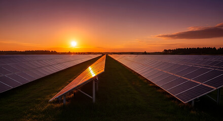 Sunset view of solar panels generating clean energy