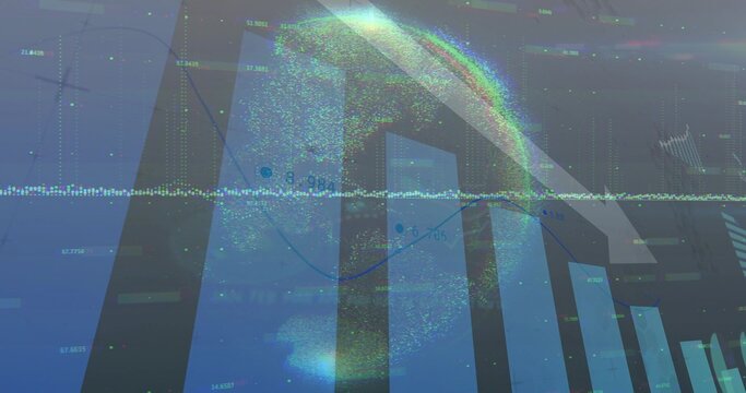 Displaying 3D point-cloud globe hovering over digital dashboard, with bar charts and line graph