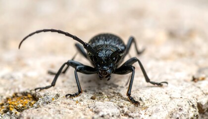 Close-up of a black longhorn beetle on stone