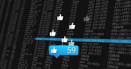 Floating blue notification bubble showing 59 likes over terminal, with thumbs-up icons and blue row