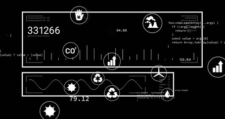 Displaying dashboard UI panels on black screen, with numeric metrics, code snippets and icons