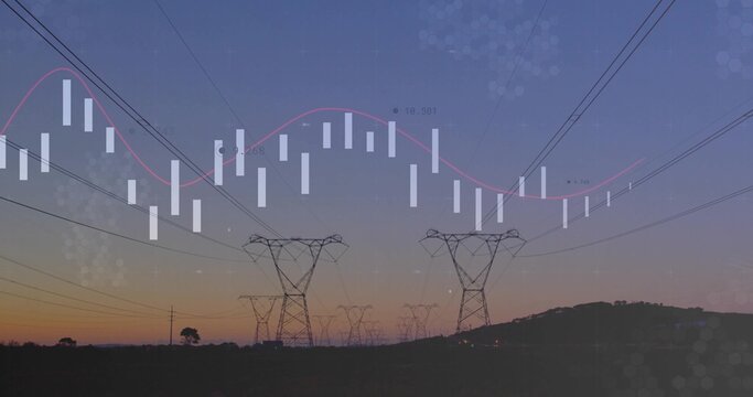 Steel towers carrying power lines over country at dusk, white candlesticks, pink line, hex overlay