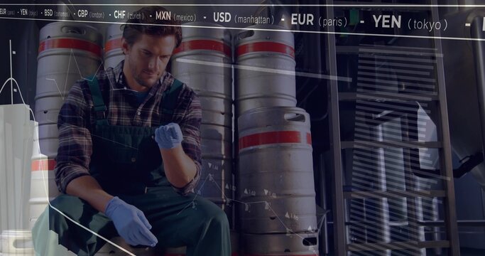 Inspecting worker wearing overalls adjusting glove on keg in storage area, with chart overlay