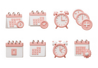 Assortment of pink 3d calendar and clock icons, isolated on transparent background