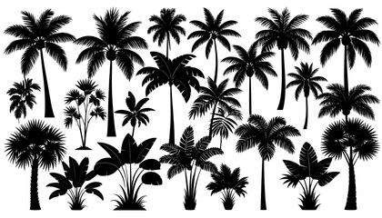 Black silhouettes of various tropical trees