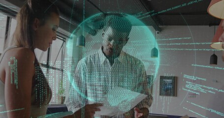 Data analyst in checkered shirt reading documents in office, with holographic globe code overlay