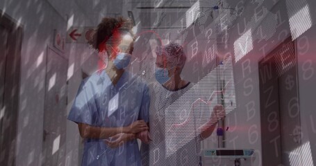 Nurse in scrubs and patient in hospital gown walking down corridor, with IV and digital overlay