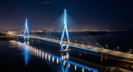 Obraz premium Illuminated CableStayed Bridge at Night with Water Reflections 1.