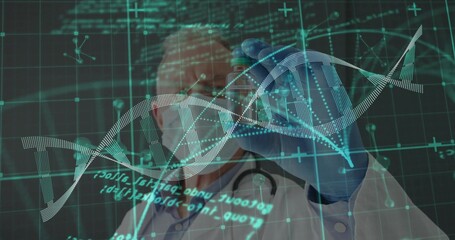 Pointing doctor wearing lab coat and mask interacting with holographic DNA in lab, with grid