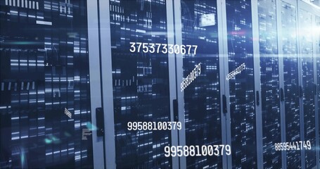 Flickering LED indicators on server cabinets streaming data flow in data center, digital overlay