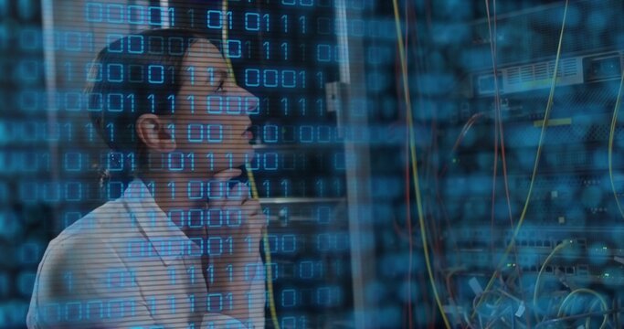 Connecting cable woman IT tech wearing headphones beside network switch in server room, copy space - Powered by Adobe