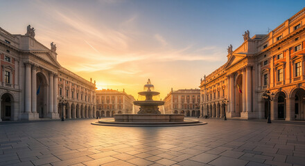 Naklejka premium Majestic Fountain in Piazza della Borsa Trieste Italy at Sunrise.