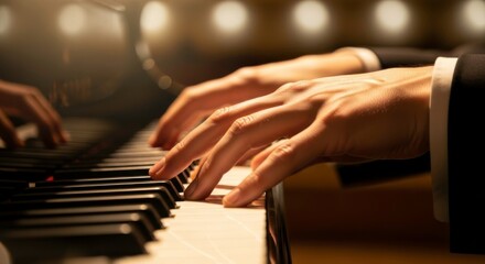 Obraz premium Piano player hands playing music on keyboard for concert performance or musical instrument lesson 100