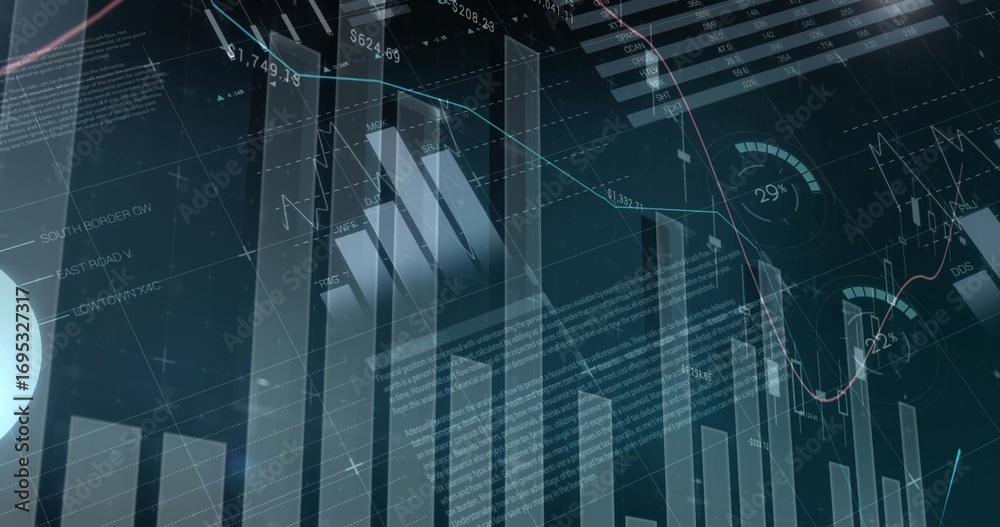 Wall mural dashboard showing bar charts and line graph in digital interface, numeric labels and gauge charts