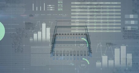 Displaying wireframe schematic in center of virtual dashboard, with bar charts, tables and % gauges