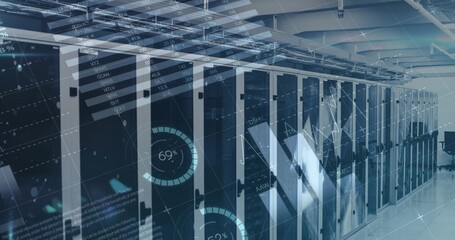 Glowing server rack bank showing network cables in data center corridor, digital overlay graphics