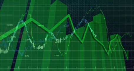 Displaying line chart fluctuating on market terminal, with green bars, percentages and grid overlay