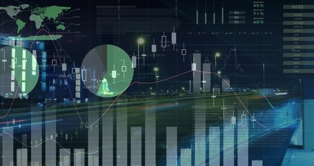 Displaying charts overlaying nighttime road, with candlestick bar line and circular segments