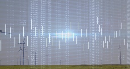 Rotating wind turbine overlaying digital financial data showing percentages and bars in grassland