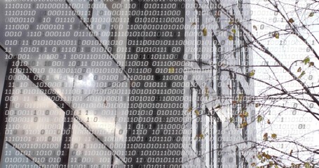 Overlaying binary streams on glass-steel facade and bare branches with yellow leaves in cityscape