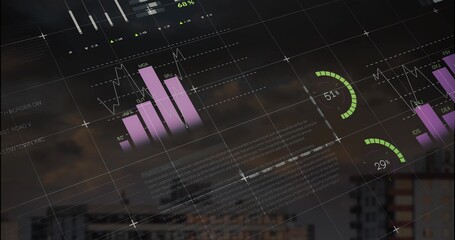 Displaying dashboard overlaying skyline at dusk, showing purple charts and percentage indicators