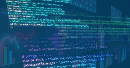 Displaying central code on computer screen, with multicolor bar chart and translucent data panels